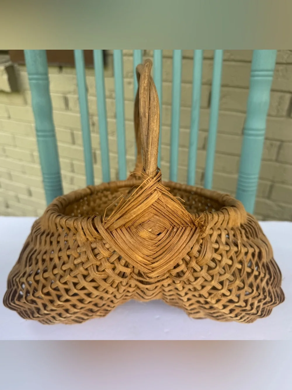 Vintage Handwoven Double Gathering Basket Egg Harvest Market Basket Woven Handle